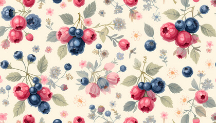 Cheerful Berry and Floral Seamless Pattern 