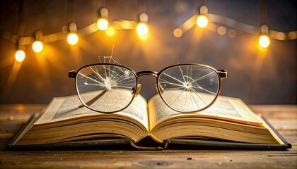 A book with a pair of glasses on top of it. The glasses are broken and the book is open to a page with a picture of a person. Scene is sad and broken