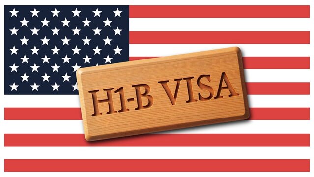 H1B Visa Concept on American Flag &ndash; Symbolizing U.S. Work Immigration and Employment Opportunities
