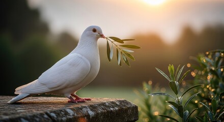 White dove with olive branch at sunrise