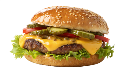 Delicious cheeseburger isolated on transparent background, a classic American fast food meal with beef patty, cheese, and fresh vegetables