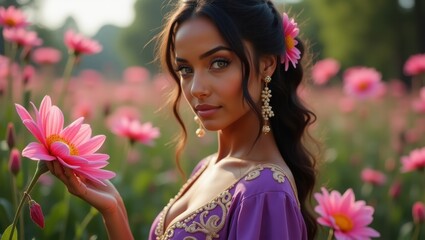 A beautiful woman with long dark hair adorned with a pink flower stands in a field of pink flowers