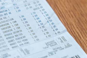 Printed grocery receipt on a wooden table. Shopping, expenses, budgeting concept.