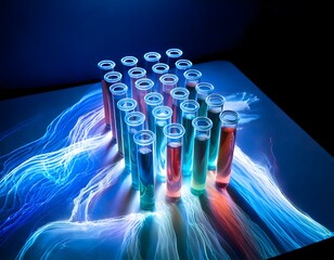 Abstract laboratory glassware science research background with fluids
