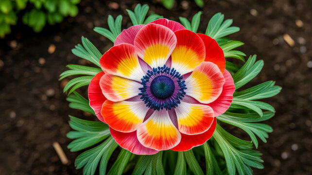 Vibrant anemone flower with red yellow white petals