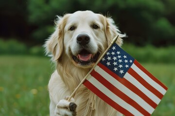 happy golden retriever dog holding American flag in mouth, Adorable golden retriever dog posing with American flag over outdoors green background 4th july Independence day, Memorial day