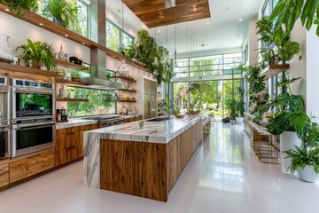Modern kitchen with abundant greenery