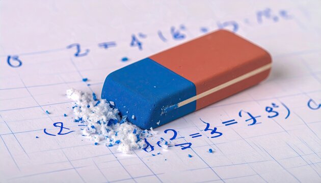 A blue and pink eraser is on a piece of paper with math problems. The eraser is partially covered in chalk dust