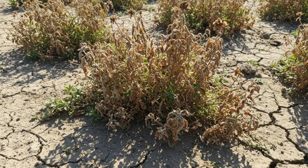 Obraz premium Dry and Cracked Soil with Dead and Wilted Vegetation in a Landscape Highlighting Drought Impact on Nature