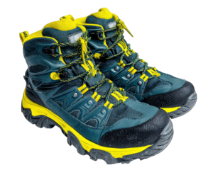 Sturdy winter hiking boots with rugged tread, padded ankle support, waterproof material, vibrant yellow and dark green color, designed for outdoor adventure and comfort