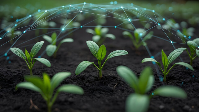 Smart farming technology connects young plants in a field with a glowing digital network overlay
