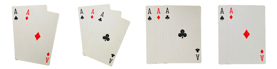 Set of ace playing cards in multiple arrangements, isolated on a transparent background.