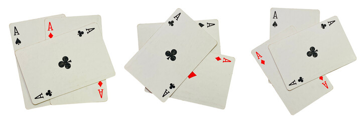 Set of ace playing cards in multiple arrangements, isolated on a transparent background.