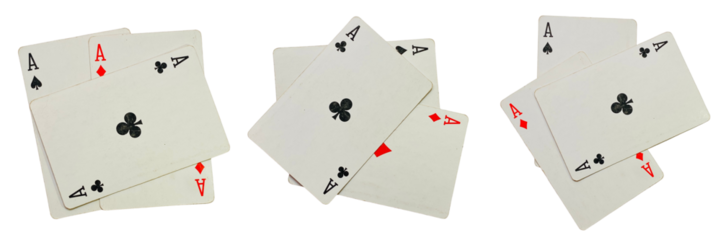 Set of ace playing cards in multiple arrangements, isolated on a transparent background.