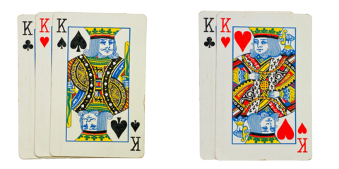 Set of king playing cards in different arrangements, isolated on a transparent background.