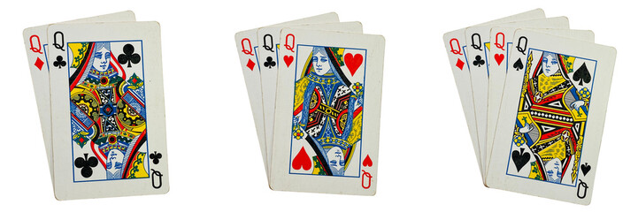 Set of queen playing cards in assorted compositions, isolated on a transparent background.

