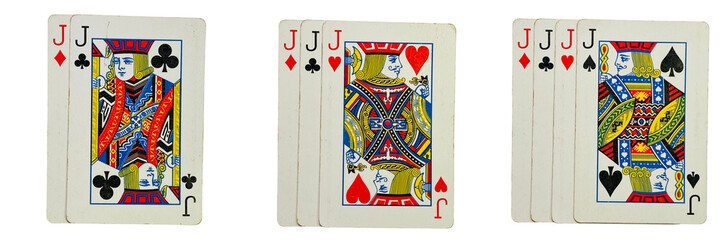 Set of jack playing cards in classic groupings, isolated on a transparent background.