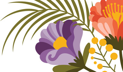 Fototapeta premium Vibrant Floral Illustration Purple Flower, Peach Blossom, Tropical Palm Leaf on White Background