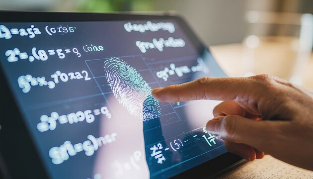 A person is pointing at a screen with a finger, and the screen displays a series of numbers and equations. Concept of curiosity and exploration - Powered by Adobe