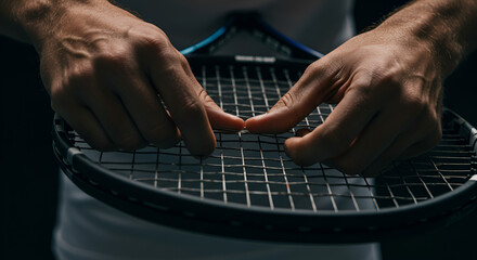 Close-up of hands adjusting tennis racket strings