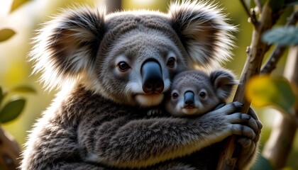 Fototapeta premium Koala Mom and Baby Hugging on Tree - Symbol of Maternal Love and Wildlife Conservation
