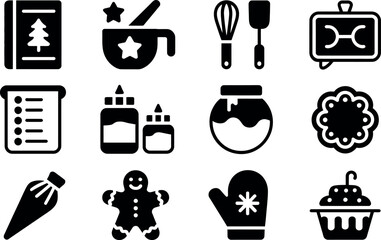 Black Glyph Icons: Festive Baking, Winter Treats, Holiday Recipe Set