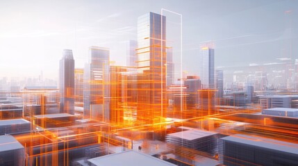 Futuristic cityscape with glowing orange lines connecting buildings, symbolizing digital infrastructure and technological advancement.