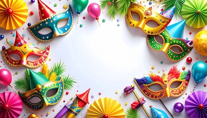 Obraz premium Carnival, party, Purim background. Masks, clown hat, dancer headdress