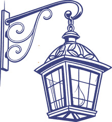 Vintage lantern wall lamp hand-drawn illustration with ornate iron bracket detail. Ideal for retro  architectural sketches, or heritage design. Classic, charming, and elegant outdoor light art.