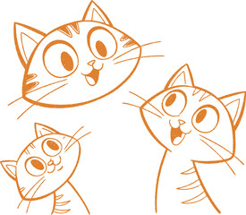 Playful cartoon illustration of three happy cats with expressive eyes and cheerful faces. Whimsical line art perfect for children’s books, prints, and fun design projects. Joyful and lighthearted 