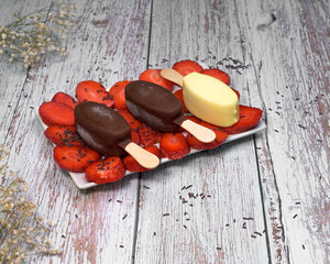 Top view of assorted chocolate ice cream bars on a bed of strawberries, surrounded by fruits and chocolate on rustic wooden background. Colorful and appetizing summer dessert