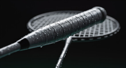 Close-up of wet badminton rackets