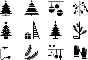 Simple Black Christmas Tree Icons: Decorations, Lights, and Ornaments
