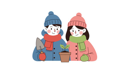 Winter Gardening: Children Planting Seedling Illustration