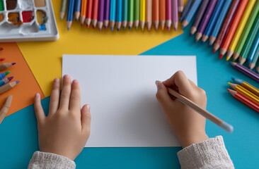 Top-down view of child’s hands placing clean white paper on colorful kindergarten desk