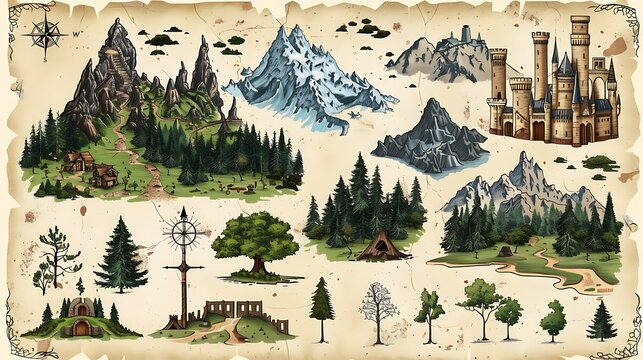 Vector medieval fantasy map elements in an RPG style, including castles, mountains, and forests. The elements are displayed on a parchment-like background, ready for use in creating detailed 