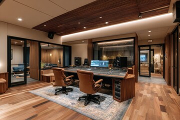 Modern recording studio with warm, wooden accents