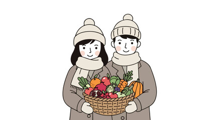 Winter Harvest: Couple with Basket of Fresh Vegetables