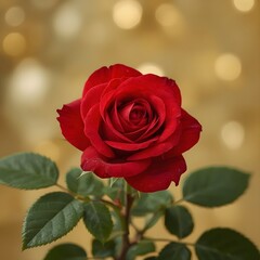 The image depicts a vibrant red rose with leaves and a blurry golden background.
