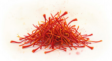 Naklejka premium Delicate watercolor illustration of glowing saffron spice. A precious pile of red crocus sativus threads isolated on a white background.