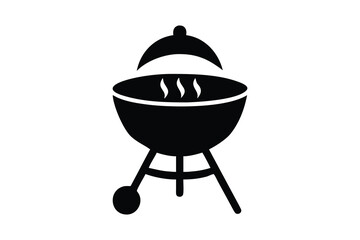 Black silhouette of a charcoal kettle barbecue grill with smoke rising from the cooking area isolated on white background silhouette