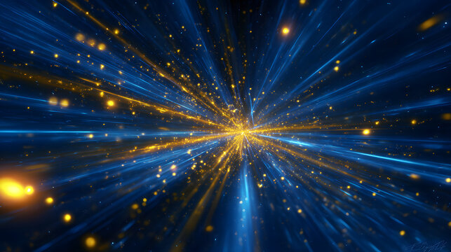 Futuristic neon background with electric blue beams and radiant yellow sparks in motion