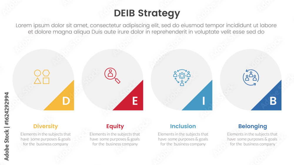 Wall mural deib diversity strategy infographic 4 point stage template with big circle and triangle badge on bot