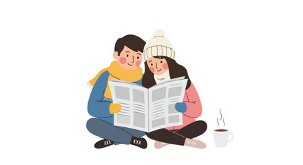 Cozy Winter Reading: Couple Sharing News & Hot Drink