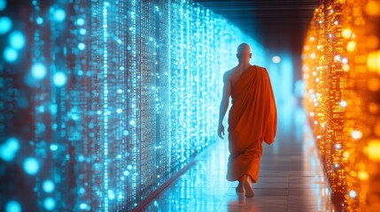 A monk walks through a corridor of vibrant lights. One side is blue, the other orange. This scene symbolizes peace and technology. Generative AI