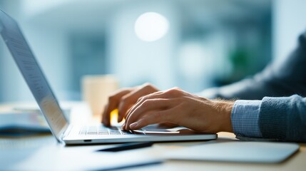 Fototapeta premium Businessman using a laptop computer to work at his desk in an office