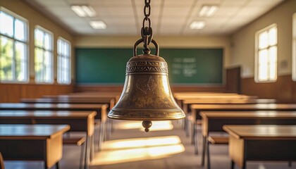 A bell hangs from the ceiling in a classroom. The bell is hanging from a chain and is in the middle of the room. The room is filled with desks and chairs