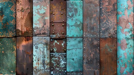 Photorealistic metal patina and verdigris textures, featuring aged surfaces with rich, oxidized colors. The textures are displayed in large swatches, showing the depth and complexity of each 