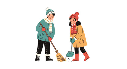Winter Cleanup: Children Sweeping Snow, Flat Illustration