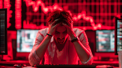Male trader holding his head in despair with both hands. The background shows red, crashing stock market graphs and numbers falling rapidly. Representing a financial collapse.